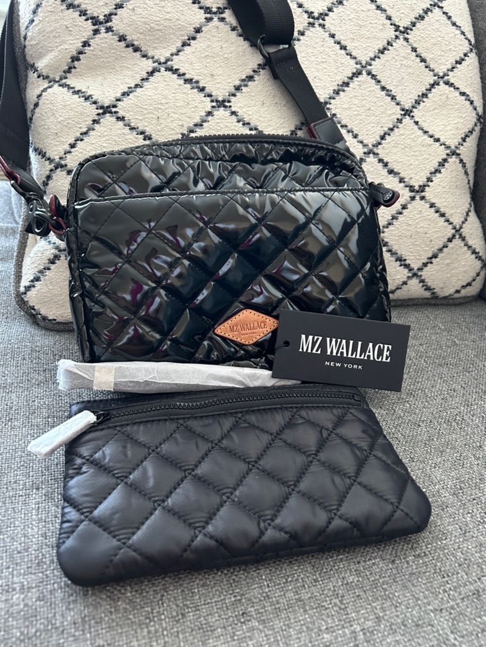 MZ Wallace Black Quilted Patent Crossbody with Matching Pouch